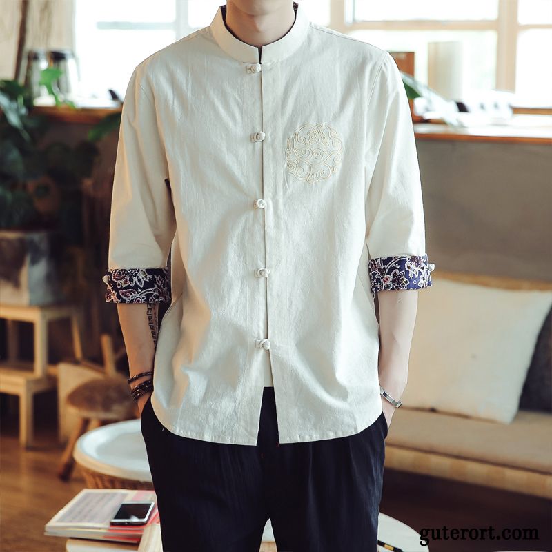 Hemden Herren Chinesischer Stil Freizeit Baumwolle Rein Stickerei Trend Grün