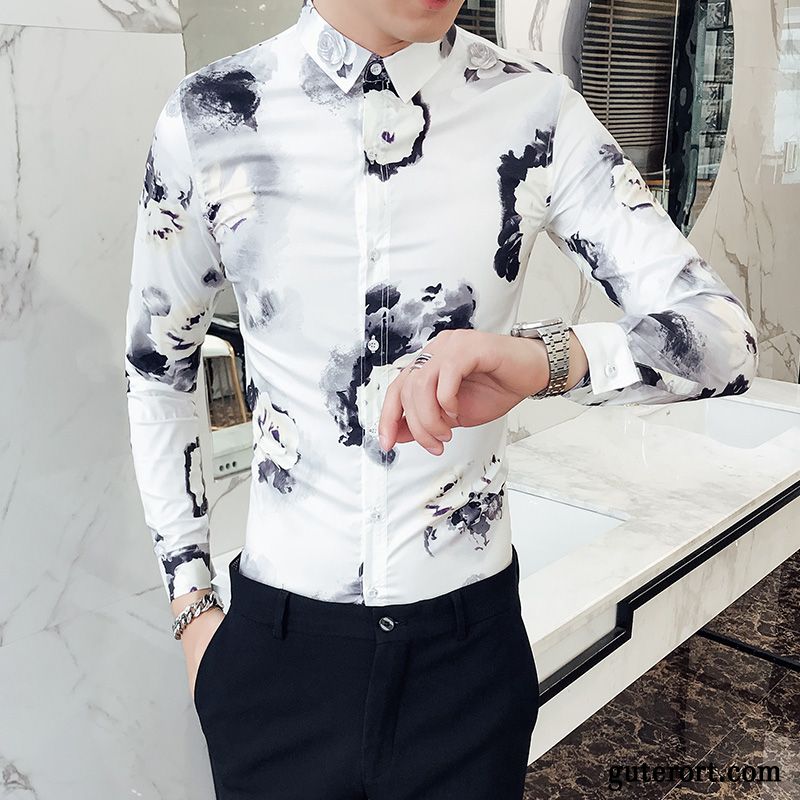Hemden Herren Chinesischer Stil Schlank Drucken Feder Tinte Lange Ärmel Weiß