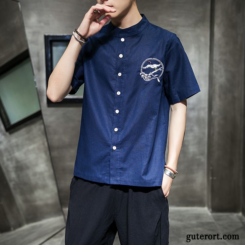 Hemden Herren Chinesischer Stil Stickerei Retro Jugend Trend Stehkragen Marineblau