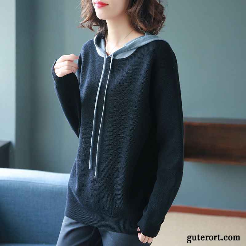 Hoodie Damen Feder Stricken Lose Hoodies Lange Ärmel Mit Kapuze Weiß