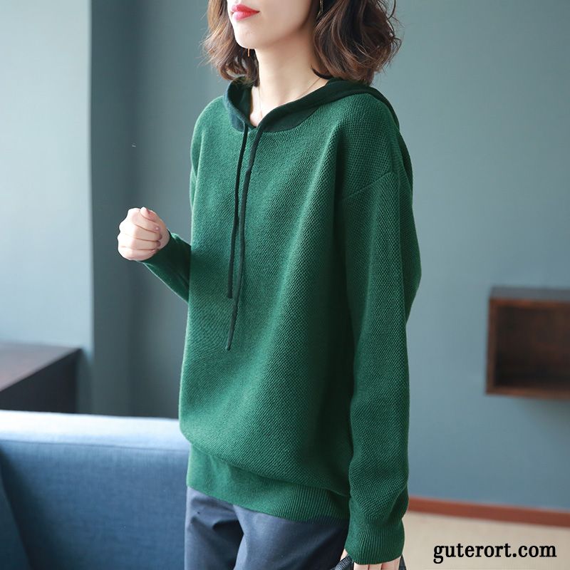 Hoodie Damen Feder Stricken Lose Hoodies Lange Ärmel Mit Kapuze Weiß