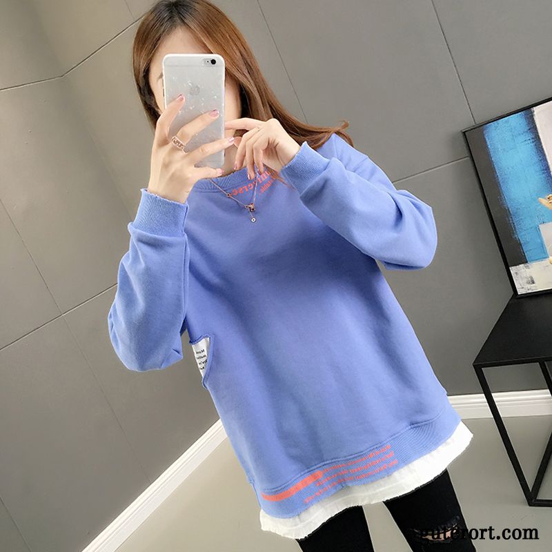 Hoodie Damen Überzieher Lose Feder Rundhals Europa Mantel Blau