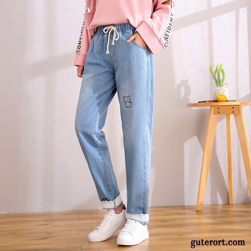 Hosen Damen Europa Lose Groß Feder Mädchen Jeans Dunkelblau