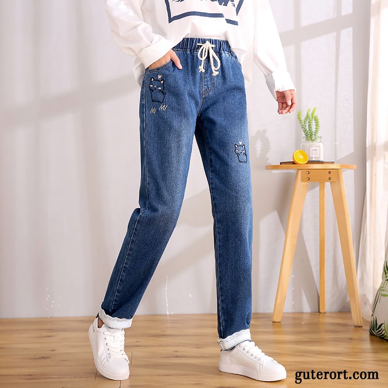 Hosen Damen Europa Lose Groß Feder Mädchen Jeans Dunkelblau