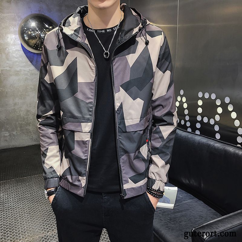 Jacken Herren Trend Mode Europa Schlank Mit Kapuze Herbst Camouflage Schwarz Rot