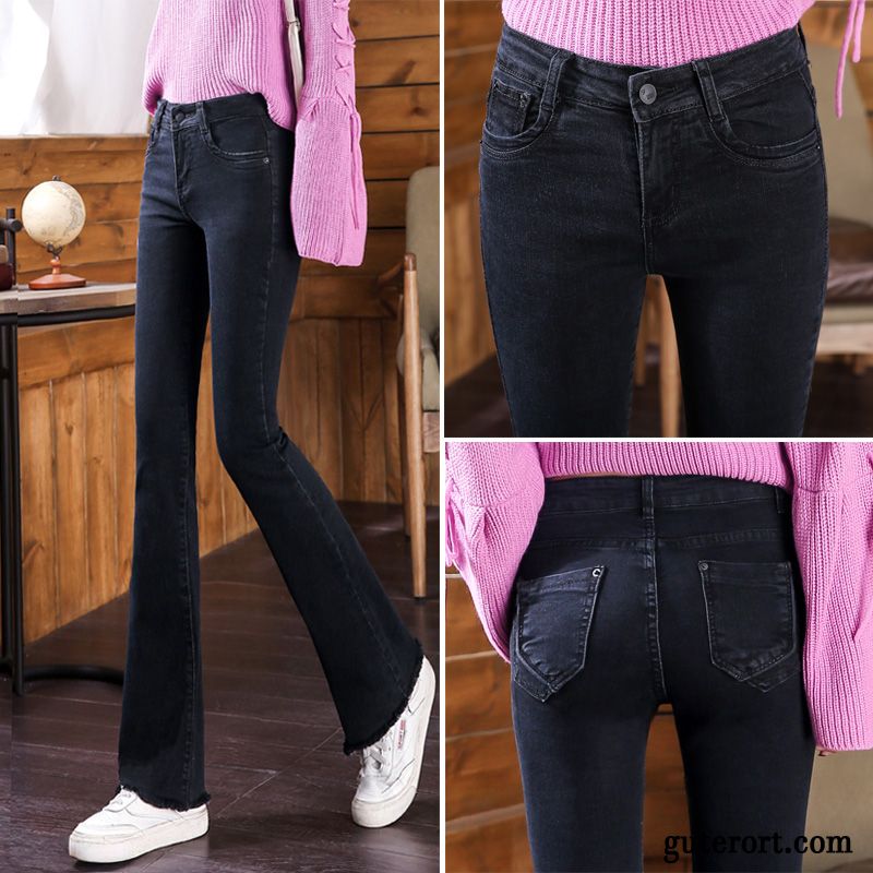 Jeans Damen Dünn Leicht Winter Herbst Horn Hohe Taille Blau Schwarz