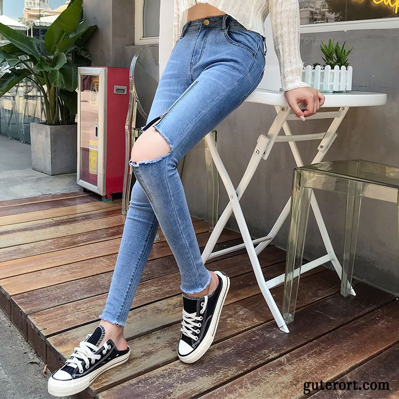 Jeans Damen Dünn Trend Ultra Feder Quaste Löcher Schwarz
