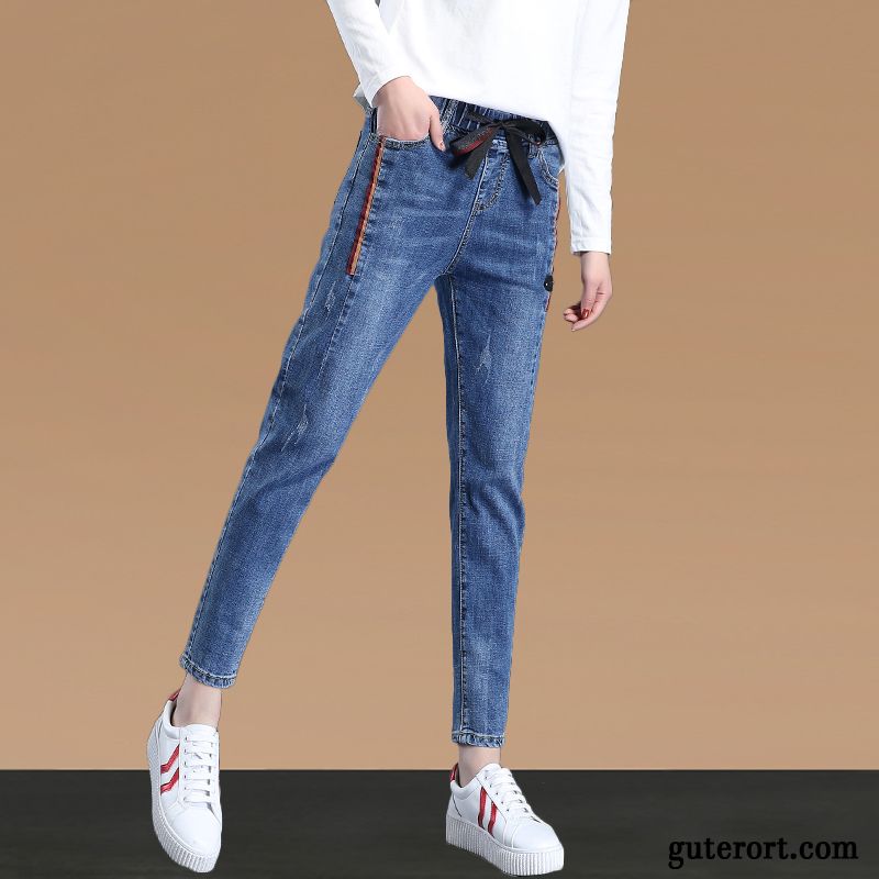 Jeans Damen Elastisch Herbst Lose Hose Feder Dünn Schwarz Grau