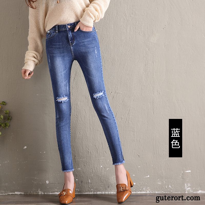 Jeans Damen Europa Löcher Dünn Hohe Taille Neu Bleistift Hose Blau