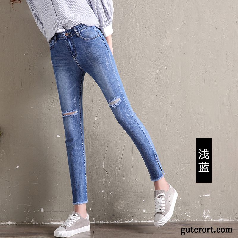 Jeans Damen Europa Löcher Dünn Hohe Taille Neu Bleistift Hose Blau