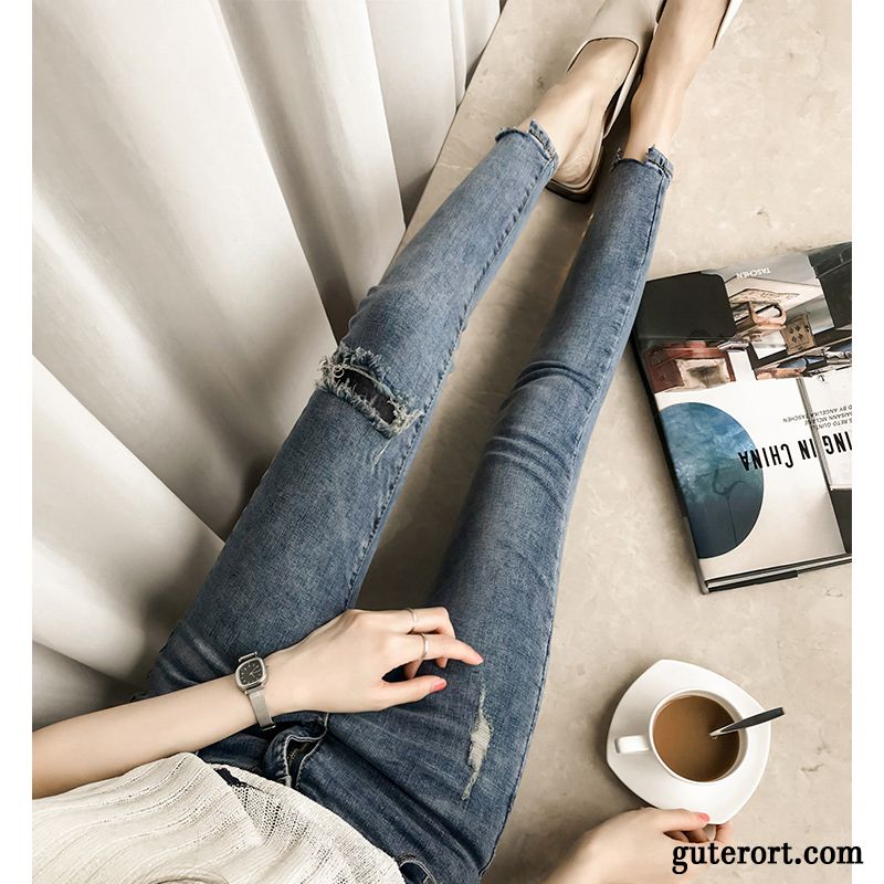 Jeans Damen Feder Bleistift Hose Schmales Bein Enganliegendes Bein Trend Rand Blau