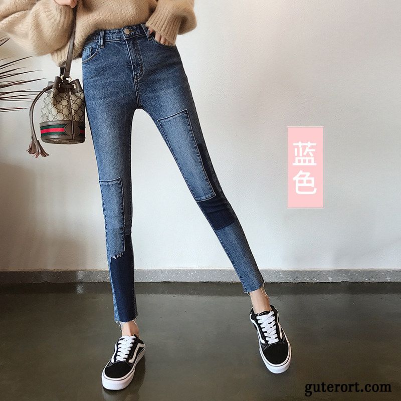 Jeans Damen Feder Dünn Spleißen Enganliegendes Bein Unregelmäßig Grau