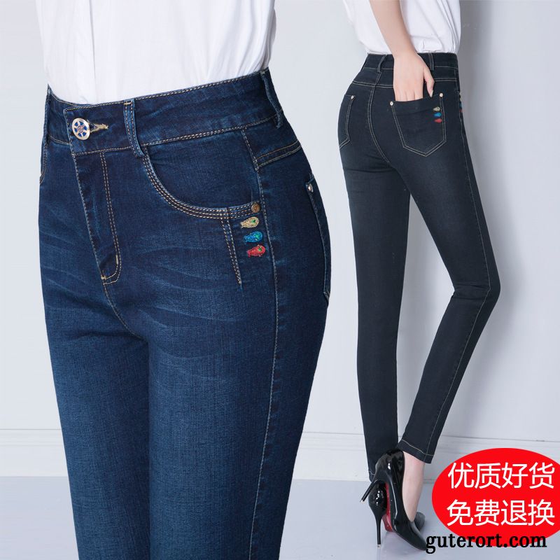Jeans Damen Hohe Taille Gute Qualität Hose Modisch Feder Marke Schwarz