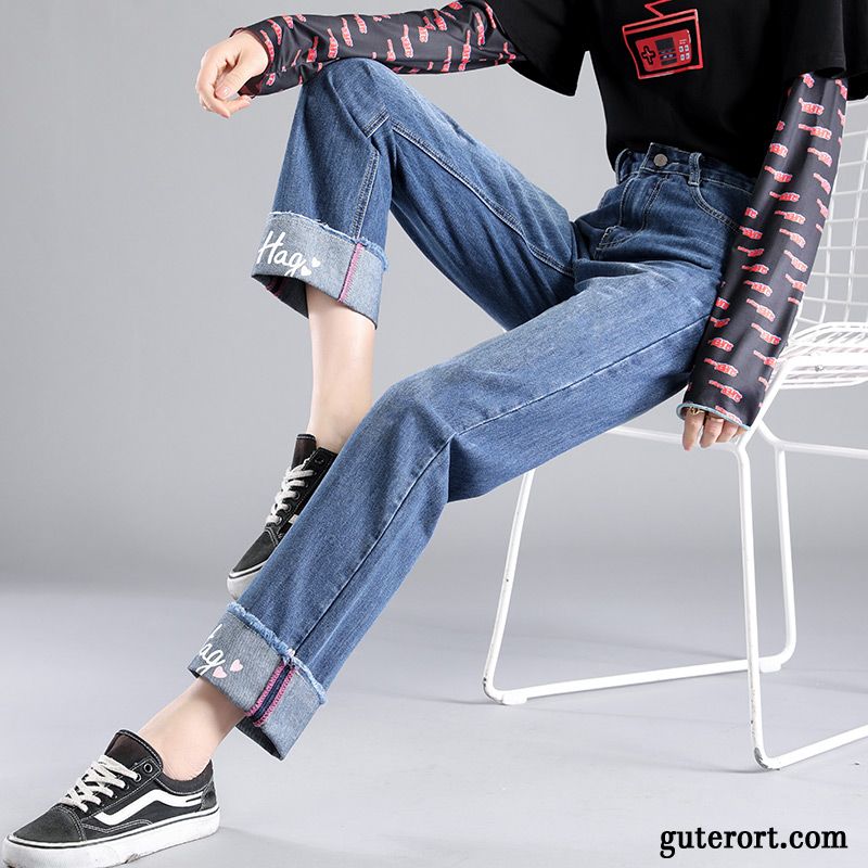 Jeans Damen Hohe Taille Lose Gerade Trend Dünn Sommer Dunkelblau