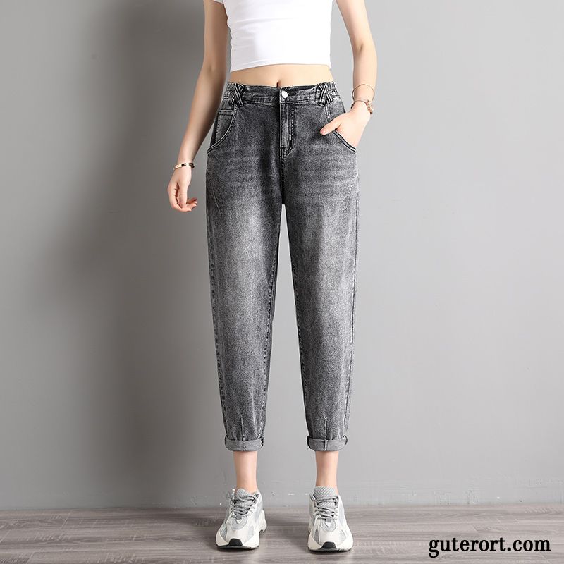 Jeans Damen Hose Lose Dünn Sommer Hohe Taille Schwarz