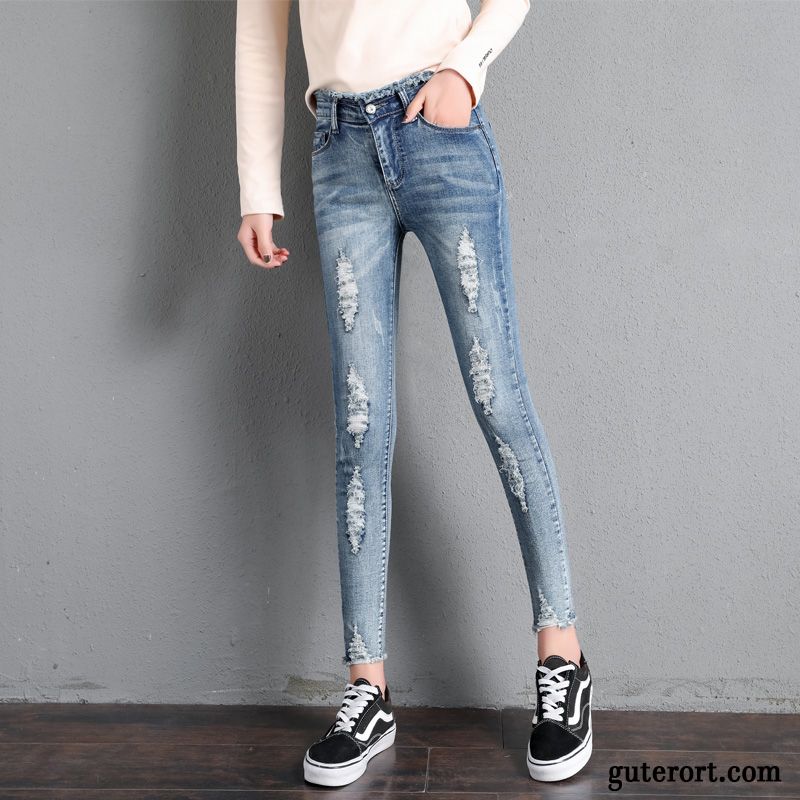 Jeans Damen Löcher Enganliegendes Bein Hohe Taille Feder Dünn Trend Dunkelblau Rot