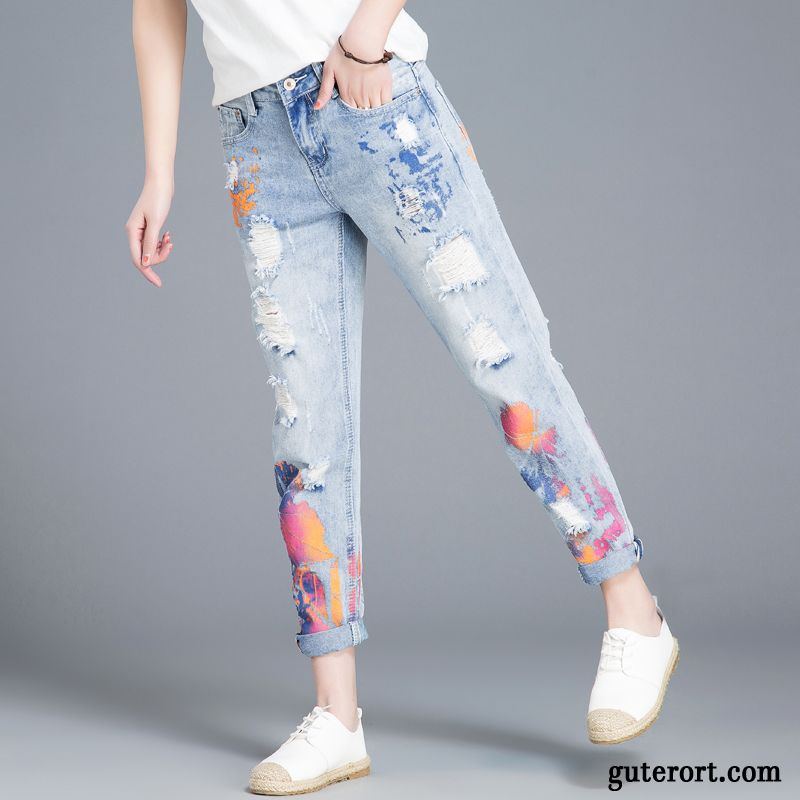 Jeans Damen Persönlichkeit Trend Harlan Neunte Hose Schüler Löcher Hellblau