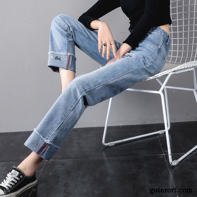 Jeans Damen Trend Lose Hohe Taille Gerade Hose Schüler Dunkelblau