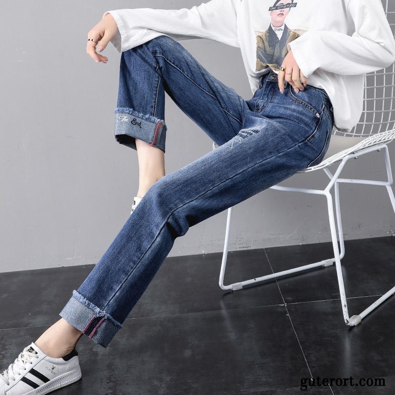 Jeans Damen Trend Lose Hohe Taille Gerade Hose Schüler Dunkelblau