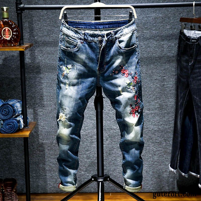 Jeans Herren Allgleiches Trend Gerade Dünn Chinesischer Stil Stickerei Schwarz Hell