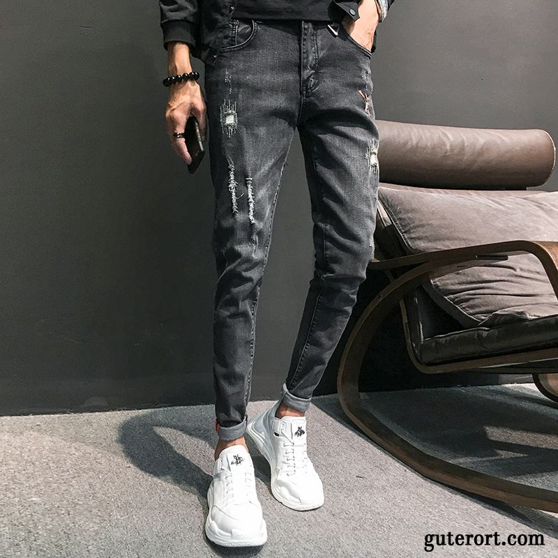 Jeans Herren Dünn Trend Ultra Retro Stickerei Schlank Schwarz