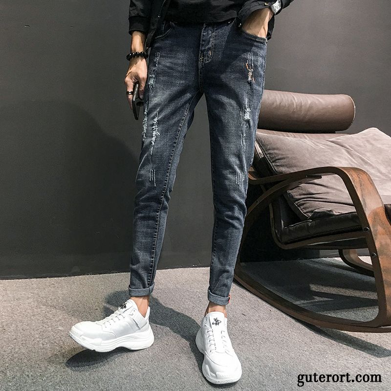 Jeans Herren Dünn Trend Ultra Retro Stickerei Schlank Schwarz