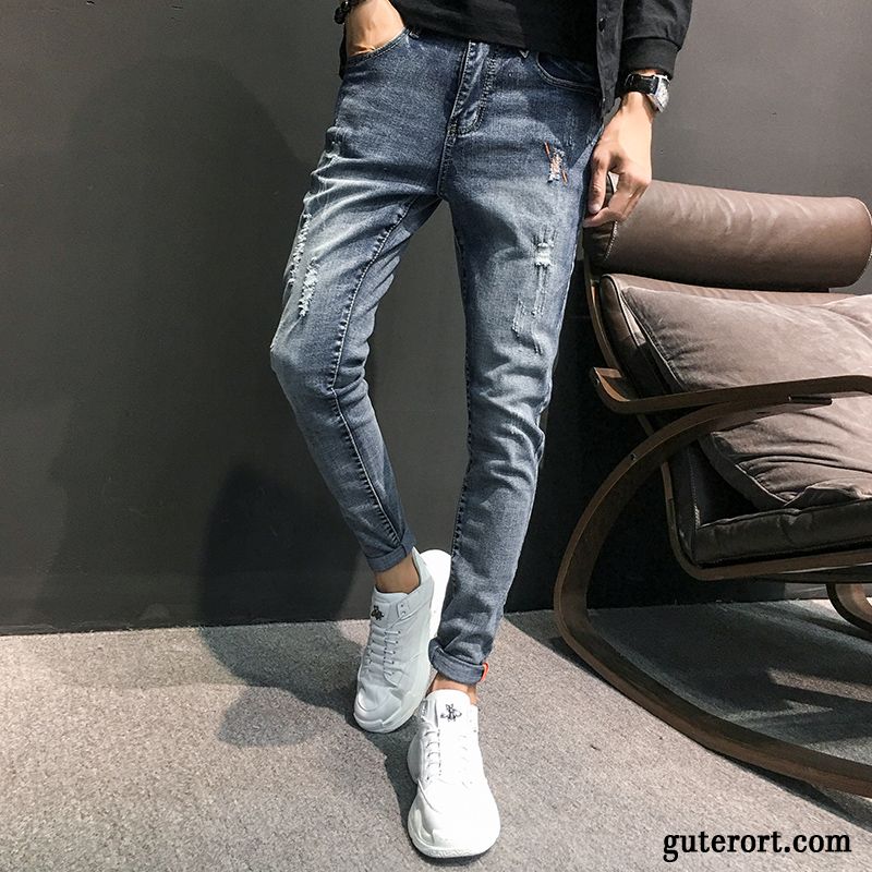 Jeans Herren Dünn Trend Ultra Retro Stickerei Schlank Schwarz