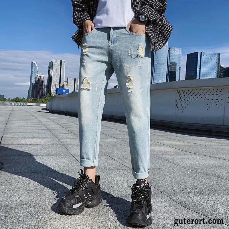 Jeans Herren Lose Weites Bein Sommer Trend Löcher Gerade Blau