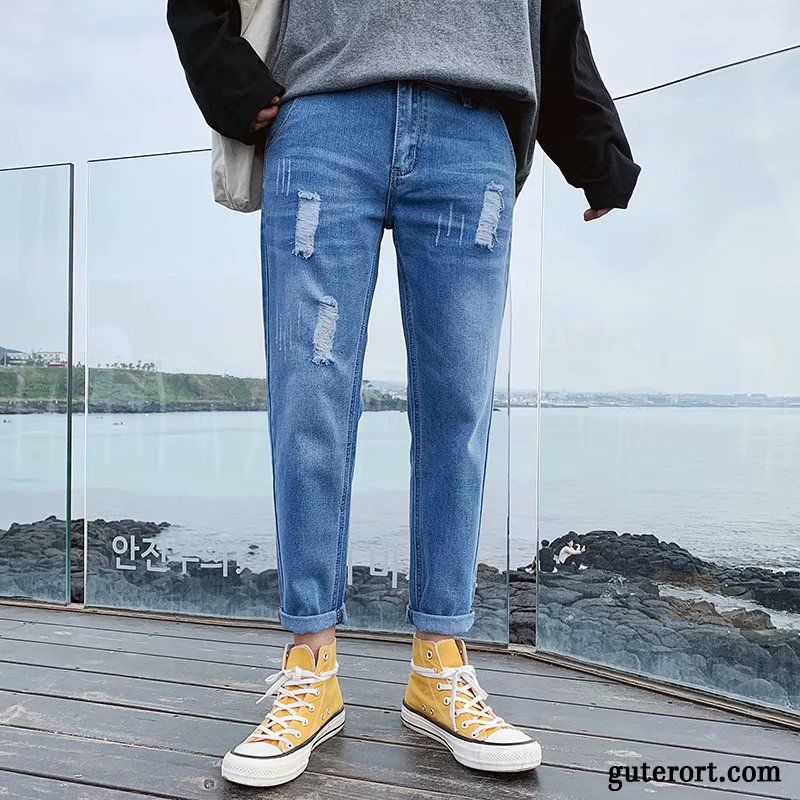 Jeans Herren Lose Weites Bein Sommer Trend Löcher Gerade Blau