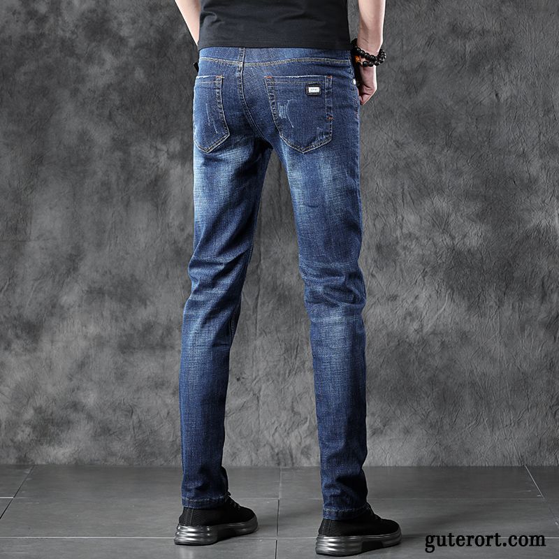 Jeans Herren Schlank Elastisch Freizeit Lange Gerade Hose Blau