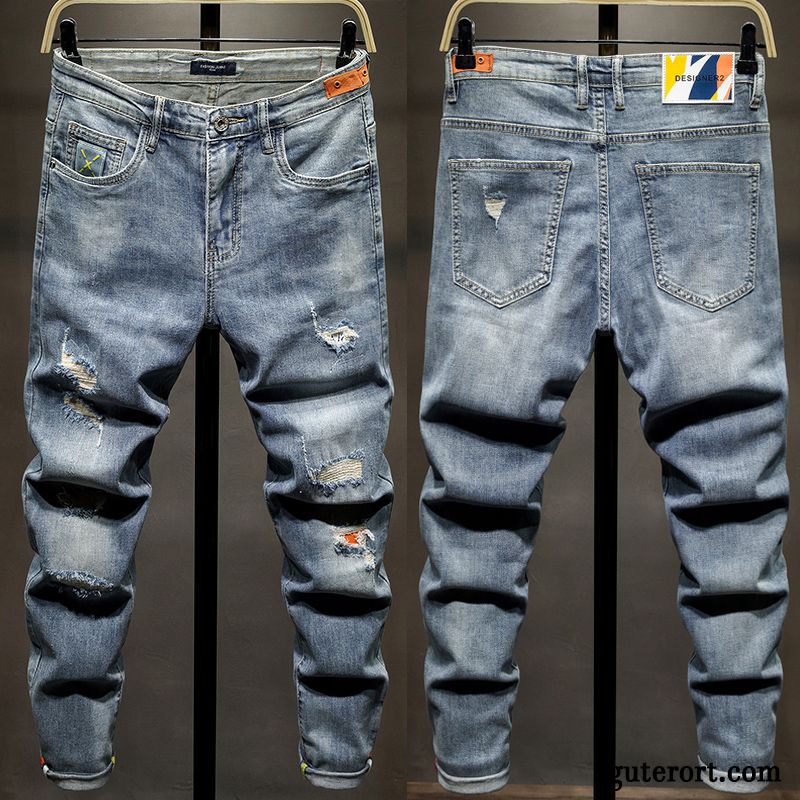 Jeans Herren Schlank Löcher Sommer Neunte Hose Dünn Europa Blau Hell