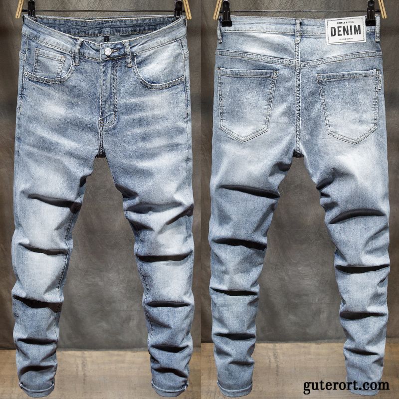 Jeans Herren Schlank Trend Schmales Bein Hose Feder Löcher Blau Hell