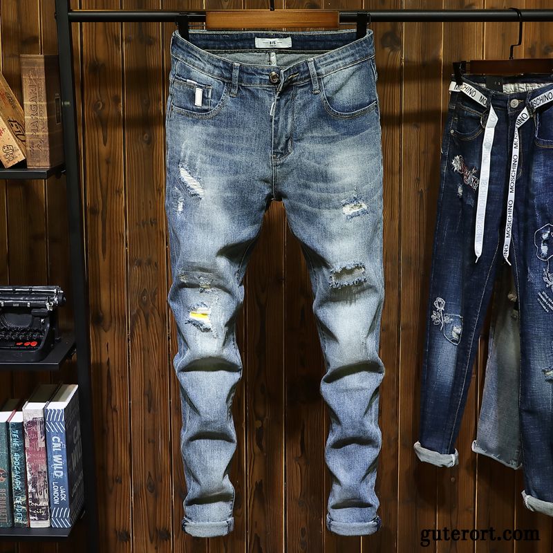 Jeans Herren Schlank Trend Schmales Bein Hose Feder Löcher Blau Hell