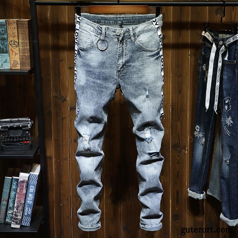 Jeans Herren Schlank Trend Schmales Bein Hose Feder Löcher Blau Hell