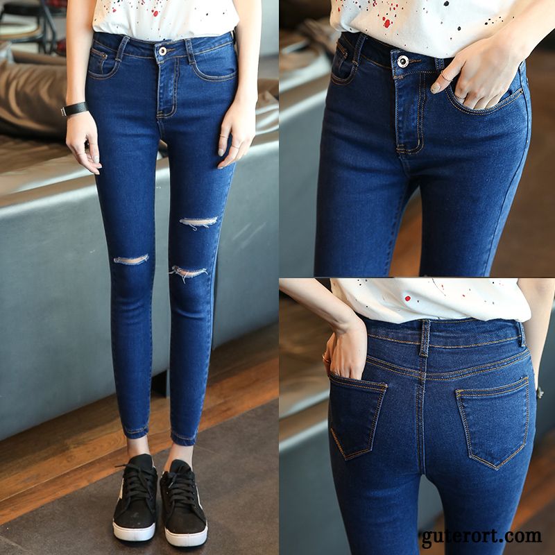 Jeans Löchern An Den Knien Günstig, High Waist Jeans Blau Dunkelblau