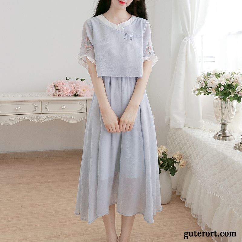 Kleider Damen Cheongsam Neu Groß Sommer Chiffon Azurblau