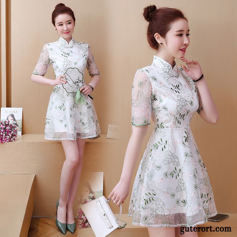 Kleider Damen Neu Spitze Sommer Blumen Cheongsam Rosa