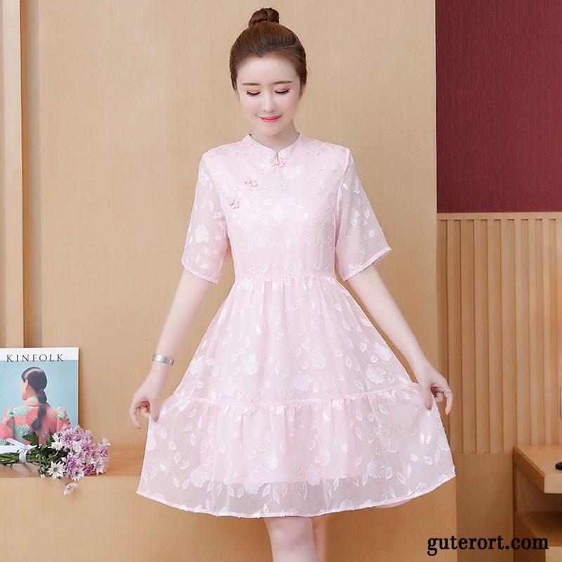 Kleider Damen Neu Spitze Sommer Blumen Cheongsam Rosa