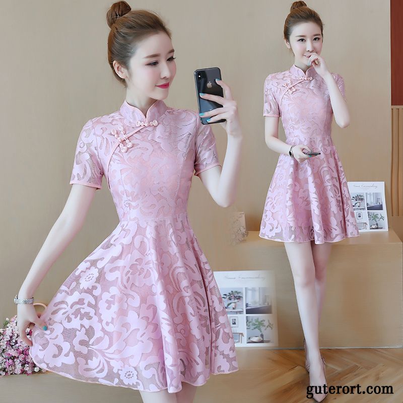 Kleider Damen Neu Spitze Sommer Blumen Cheongsam Rosa