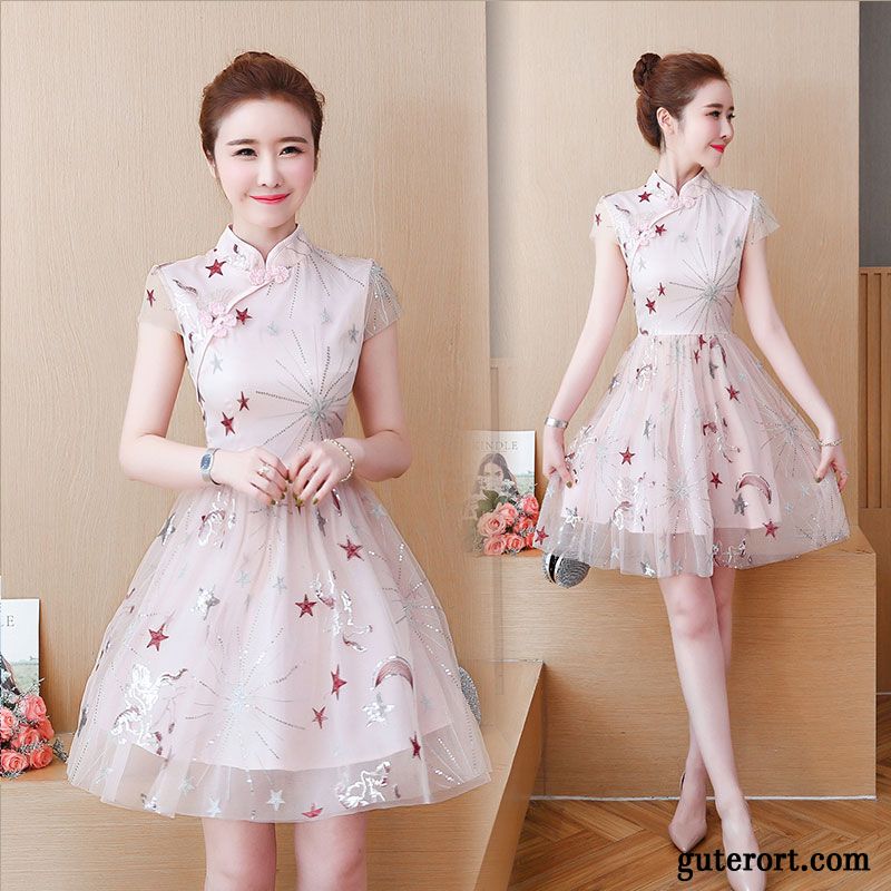 Kleider Damen Neu Spitze Sommer Blumen Cheongsam Rosa