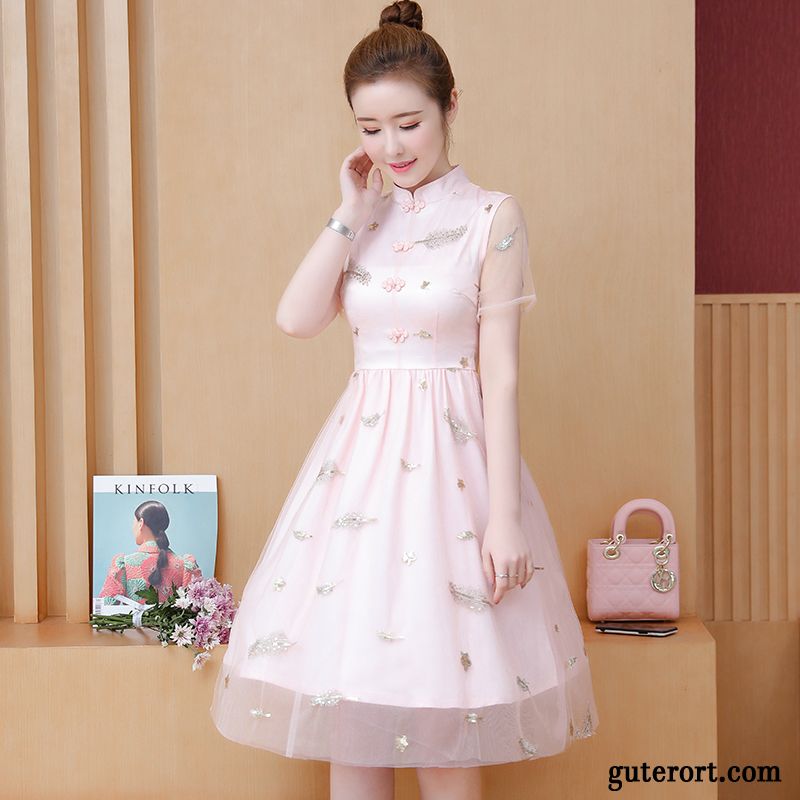 Kleider Damen Neu Spitze Sommer Blumen Cheongsam Rosa