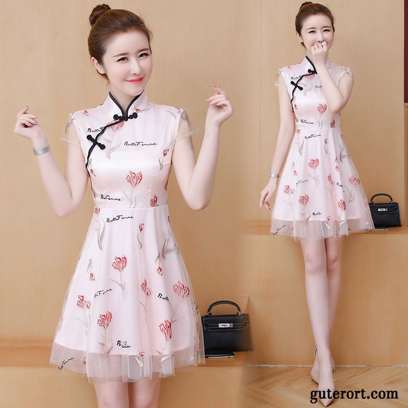 Kleider Damen Neu Spitze Sommer Blumen Cheongsam Rosa