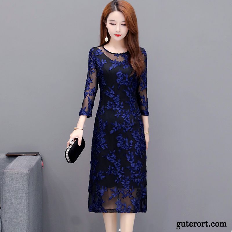 Kleider Damen Temperament Feder Dünn Chinesischer Stil Hohe Taille Bestickt Marineblau