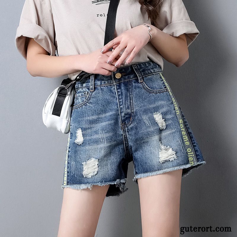 Kurze Hosen Damen Dünn Hot Pants A Schreiben Sommer Trend Outwear Blau