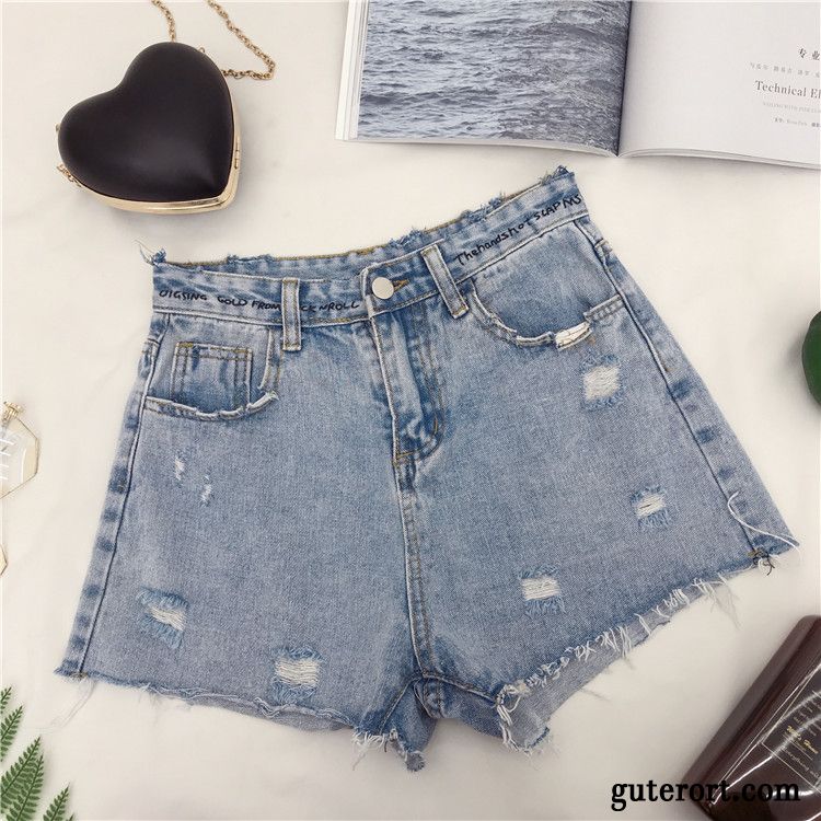 Kurze Hosen Damen Feder Gerade Hot Pants Retro Löcher Sommer Blau