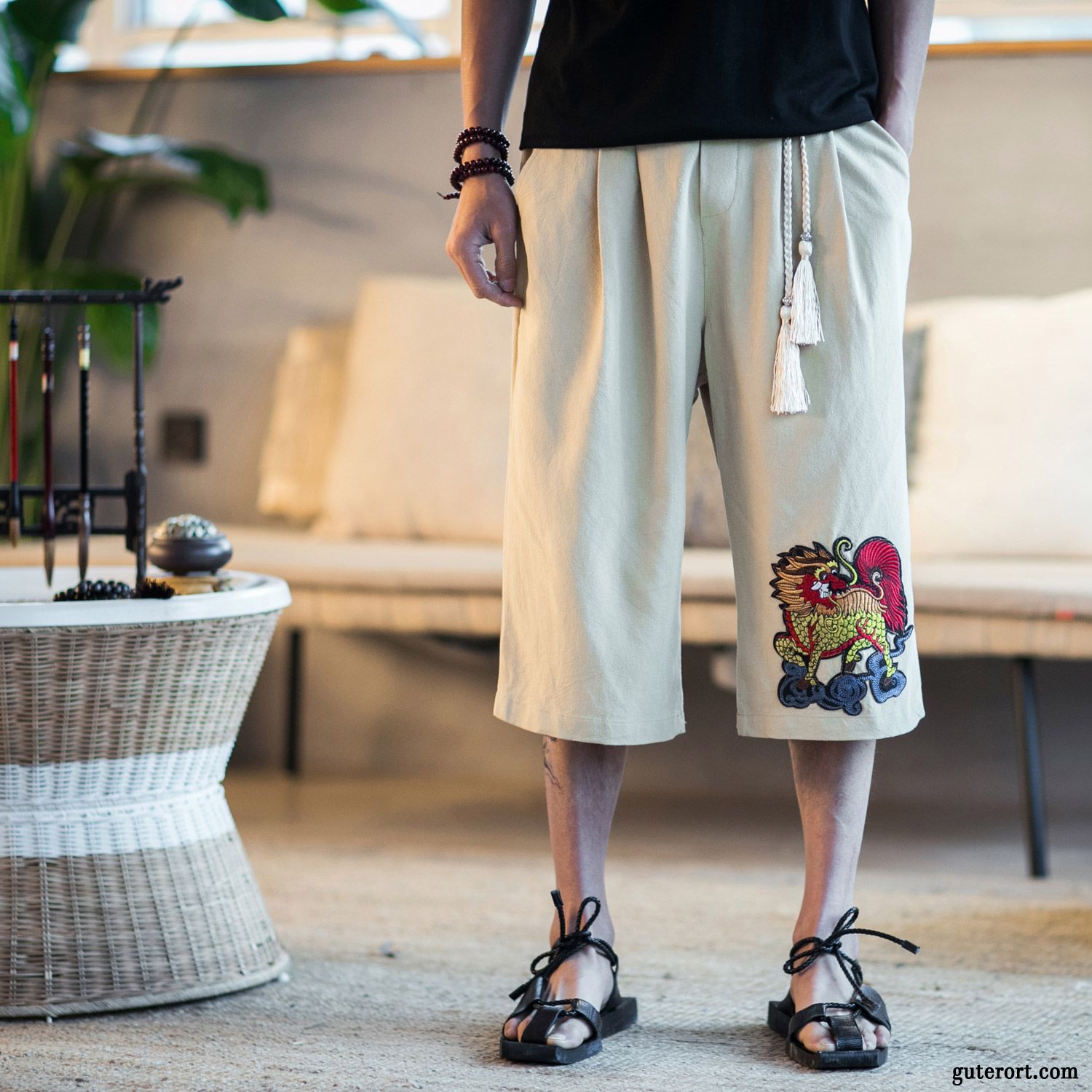 Kurze Hosen Herren Weites Bein Freizeit Sommer Geschnittene Hose Chinesischer Stil Trend Khaki Sandfarben