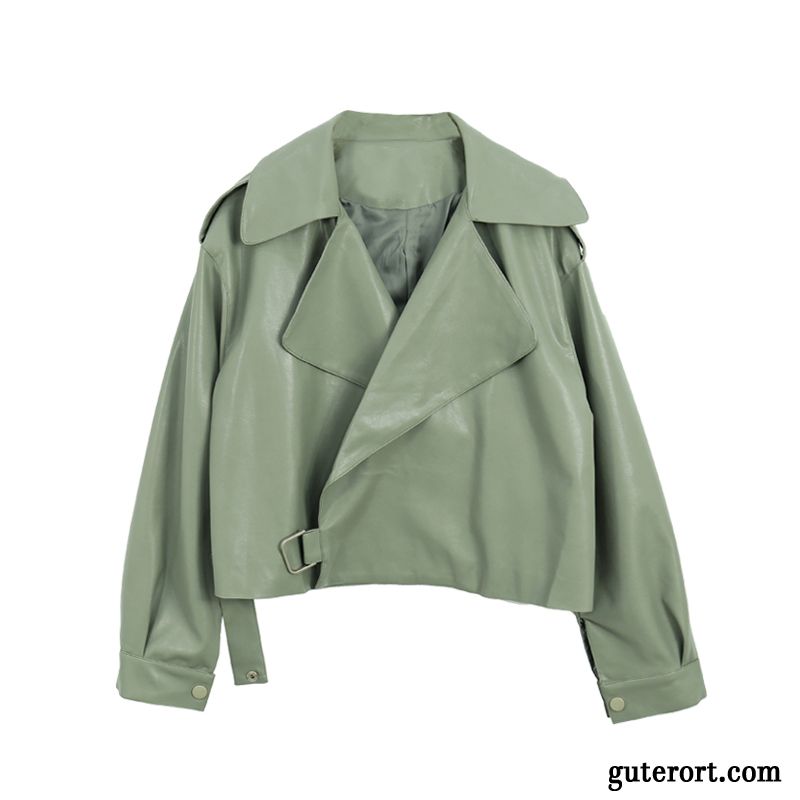 Lederjacke Damen Herbst Überzieher Kurzer Absatz Lose Hohe Taille Revers Khaki