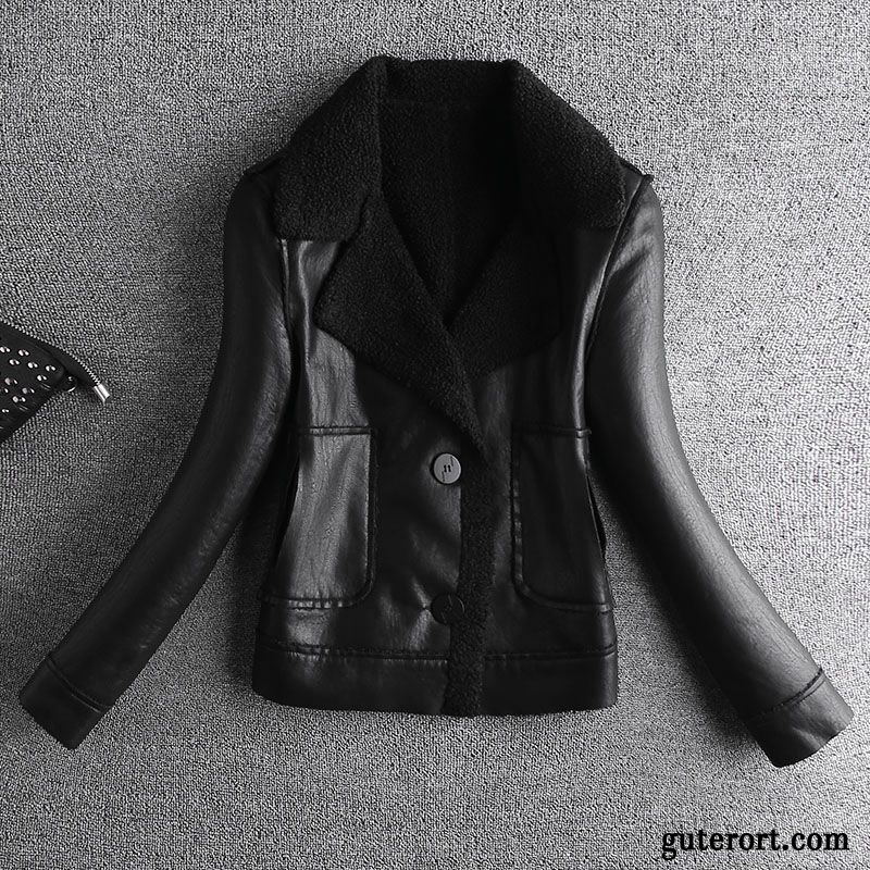 Lederjacke Damen Verdickung Plus Samt Baumwolle Warme Trend Kurzer Absatz Schwarz