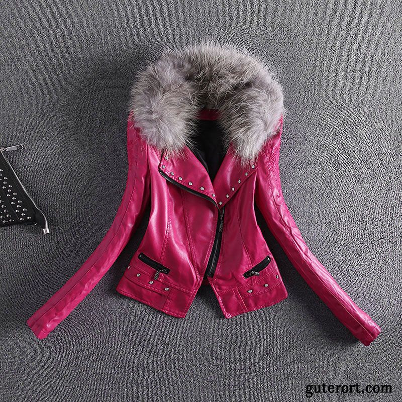 Lederjacke Damen Überzieher Pelz Kragen Heißer Art Winter Mode Neu Dunkelrosa