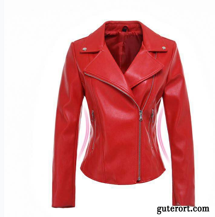 Lederjacke Damen Überzieher Schlank Neu Revers Kurzer Absatz Superstar Schwarz Rot